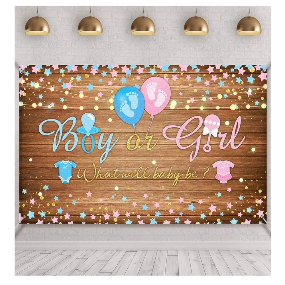 Wooden wall Gender Reveal Backdrop 70.8 x 43.3 Inch Gender Reveal Banner